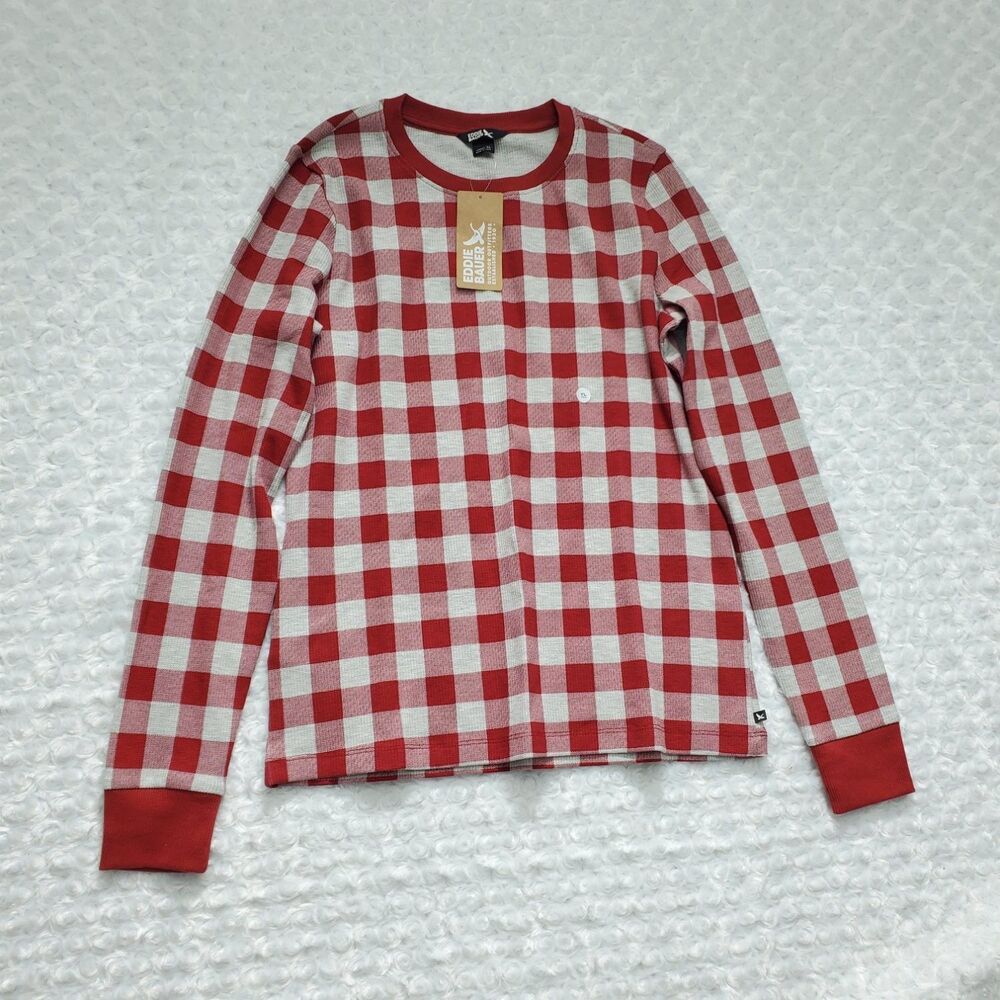 Eddie Bauer Knit Thermal Shirt Infinity Crew Womens Red Check Long Sleeve NWT